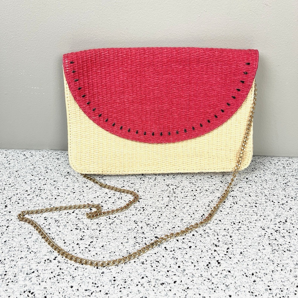 Escada Sorbetto Rosso Watermelon Clutch Bag Crossbody Woven Faux Straw